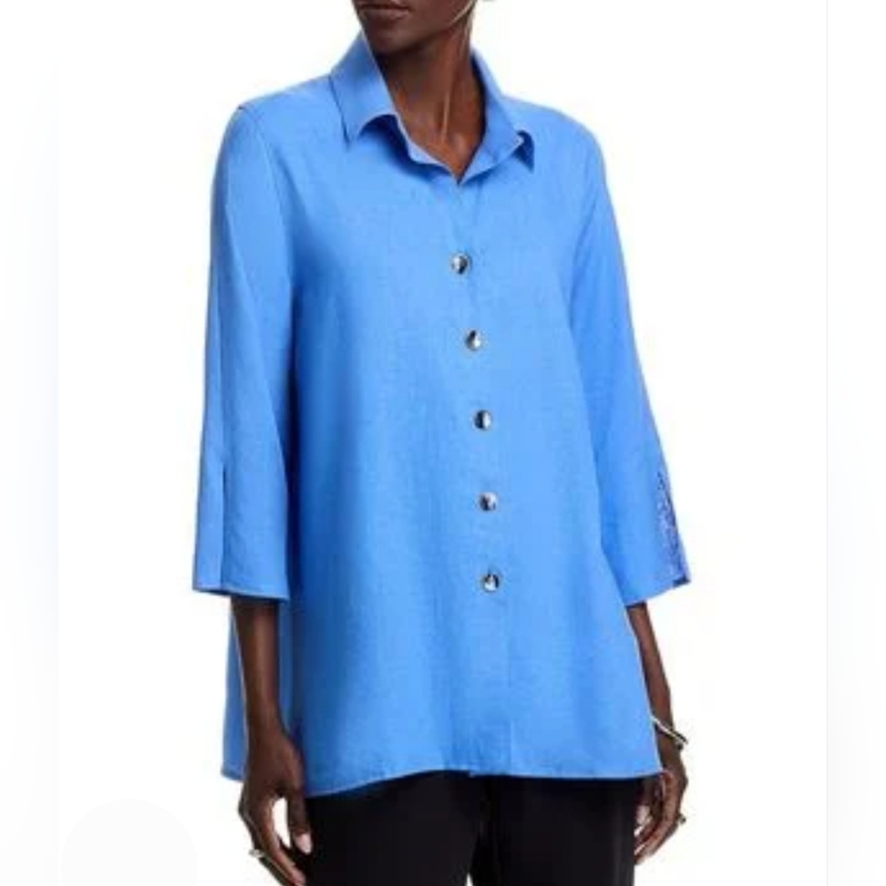 Caroline Rose blouse M turquoise blue linen shirt relaxed fit Made USA new $288